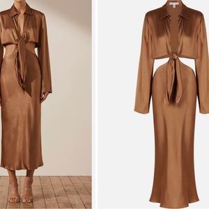 Shona Joy Felicity long sleeve tie front midi dress color-almond size- 4